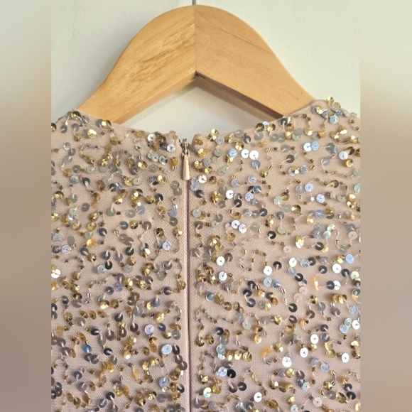 NWT! Mac Duggal, Fully Sequined Ruffle Tiered 3/4 Sleeve Midi Dress,Nude, SIZE 2 - Picture 8 of 12